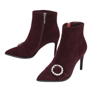 羊皮Aee爱意34-40酒红色水钻扣尖头细跟时装靴短靴女瘦瘦低筒鞋靴