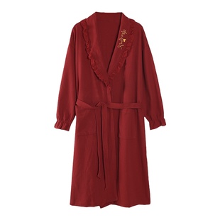 芬腾可安情侣睡衣女款春秋季纯棉性感睡袍新娘晨袍男士大红色浴袍