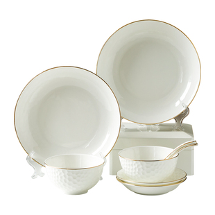 若岚陶瓷碗筷套装 饭碗面碗瓷碗大碗浮雕碗盘套装高尔夫镶金餐具