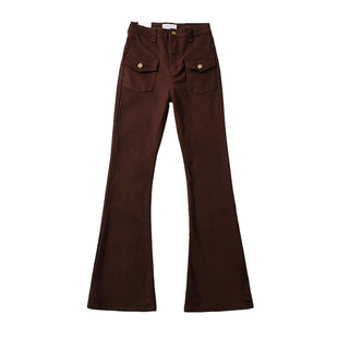 美式复古 高腰棕色双口袋牛仔裤女设计感辣妹喇叭裤拖地裤显腿长