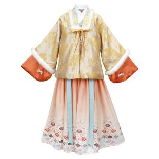 本格原创汉服女童冬装加绒加厚金色半臂儿童拜年服明制古装中国风