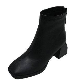 33-3美之美2025年冬款卓美头层羊皮方头方根短靴子后拉链短筒单靴