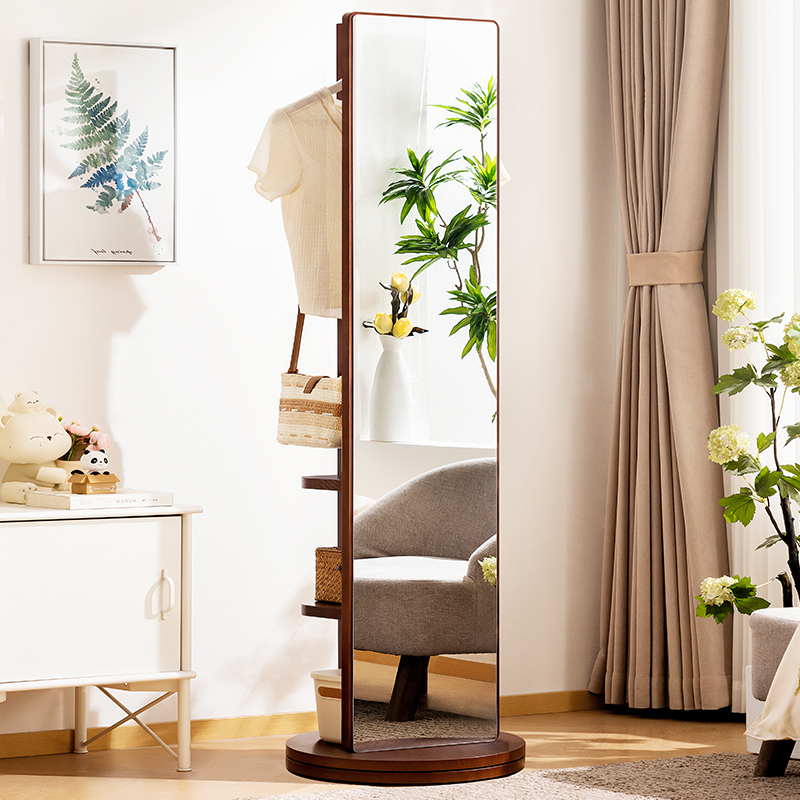 实木全身镜穿衣镜落地镜子家用带挂衣架一体卧室可旋转移动试衣镜