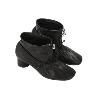 【deepmoss】优雅复古潮流女装时尚休闲气质褶皱方头袜套中筒靴鞋