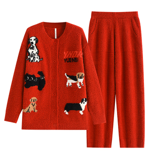 悦内半边绒睡衣女款冬季秋冬加绒珊瑚绒加厚卡通家居服红色本命年