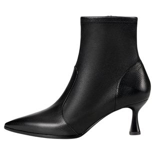 LINGMEICHEN黑色羊皮弹力靴高跟短靴尖头高跟鞋酒杯跟靴子瘦瘦靴