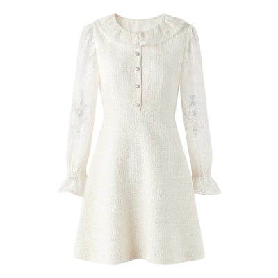 秋水伊人白色小香风长袖连衣裙2025秋装新款荷叶边圆领蕾丝袖裙子