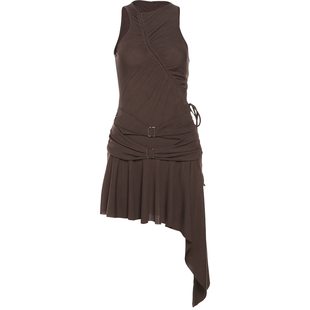 KLIOU 法式辣妹风复古无袖连衣裙女设计感系带显瘦遮肉不规则短裙