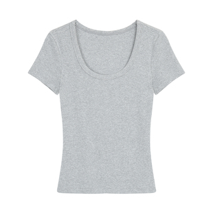 pusumede 韩女Tee丨基础款简约心机大U领短袖t恤女修身正肩上衣