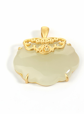 平安福天然和田白玉福字平安锁项链吊坠挂件纯银黄金色镶嵌古法金