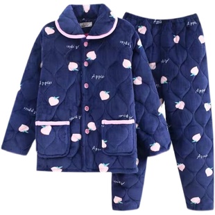 睡衣女冬加厚三层夹棉法兰绒加绒保暖可外穿大码可爱珊瑚绒家居服