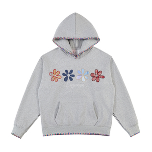EU/EUSOUEU小花朵撞色贝壳刺绣帽檐贴布印花休闲百搭情侣连帽卫衣