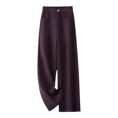 啄木鸟紫色毛呢阔腿裤女秋冬季显瘦今年流行呢子软糯加绒直筒裤