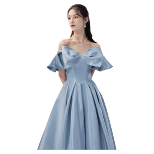 晚礼服女2025新款宴会气质冬季蓝色礼服裙轻奢小众高端主持人年会