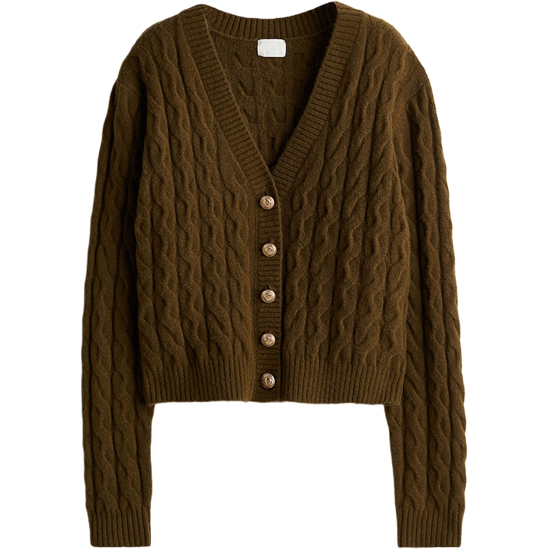 HM女装毛针织衫秋季修身长袖通勤绞花短款开衫1248864