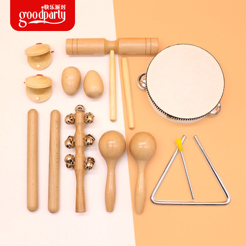 奥尔夫打击乐器小学音乐幼儿园教室教具木制铃鼓手鼓原木沙锤响板