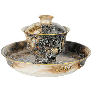 圣山景德镇高端手绘绢色粉彩墨龙龙纹吸水陶瓷盖碗手工陶瓷茶具