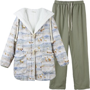 朵朵可可冬季新款珊瑚绒保暖夹棉棉麻睡衣女家居服套装