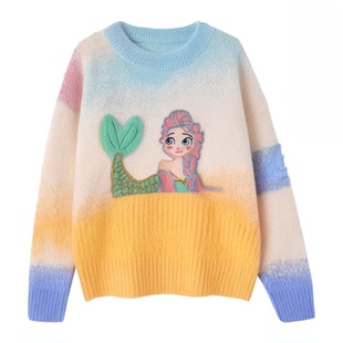 韩韩良品女童渐变美人鱼加厚毛衣2024冬季新款韩版洋气针织衫上衣