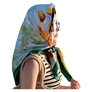 油画绿色小丝巾女大方巾春秋夏季护脖子防晒围巾妈妈披肩薄90x90