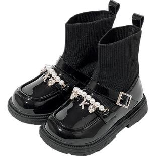 卡特兔儿童靴子女童2024秋季新款宝宝靴子软底防滑黑色男童短靴