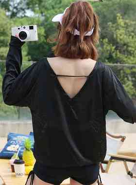 黑色微胖泳衣女遮肉显瘦休闲款分体三件套罩衫长袖挂脖简约泡温泉