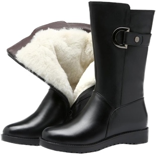 真皮靴子中筒靴女鞋冬加绒羊毛中年女靴中老年女士妈妈棉鞋雪地靴