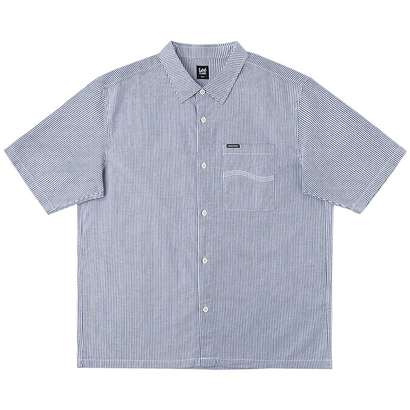 Lee26新品宽松版翻领小Logo徽标条纹设计海军蓝男短袖衬衫潮流