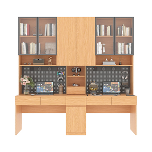 政补带洞洞板实木书桌书架一体桌台式电脑桌办公桌家用双人学习桌