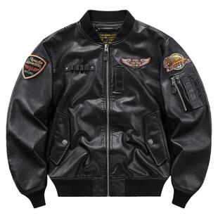 VIP美式机车皮衣男ma1飞行员夹克春秋复古棒球服刺绣工装外套潮牌