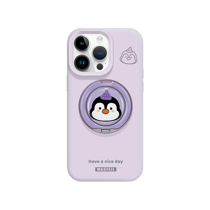 MASFEIL × 紫色企鹅适用苹果17Promax手机壳新款14带支架iPhone16Pro保护套Eo1支点液态硅胶15简约13pm高级