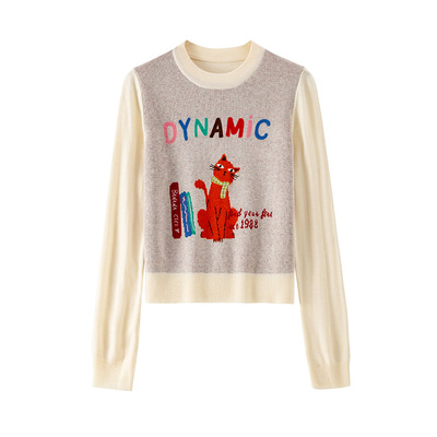 BANANA CICI2025年冬季新款原创BC猫咪系列提花长袖套头针织衫女