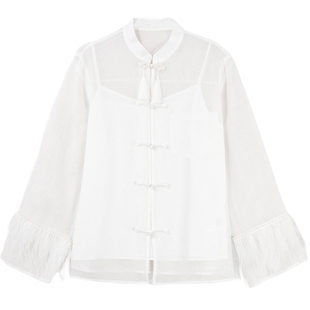 MISSCOCOON新中式鸵鸟毛流苏盘扣欧根纱衬衫春新款