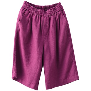 园园美衣复古敦厚亚麻裤女松紧腰显瘦阔腿裤休闲直筒裤五分裤短裤