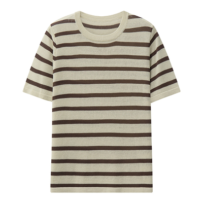 DID DAILY:Beryl 亚麻莱赛尔复古彩色条纹宽松针织短袖T恤