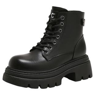 千百度厚底加绒马丁靴女款2025冬季新款百搭瘦瘦靴黑色短靴子女