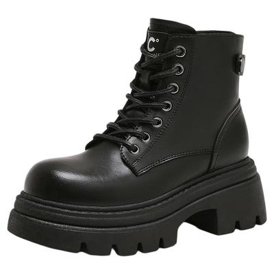 千百度厚底加绒马丁靴女款松糕系带新款百搭瘦瘦靴黑色短靴子女