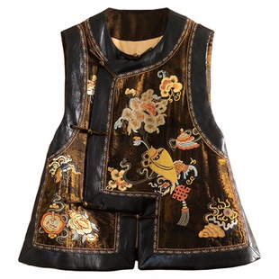 美伦新中式马甲女棉服2025秋冬黑金提花重工刺绣夹棉皮质拼接国风