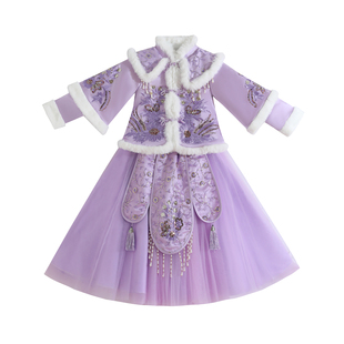 女童汉服套装加绒加厚新款儿童唐装中国风冬季裙子刺绣古风拜年服