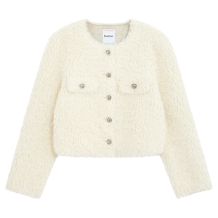 bebe2025秋季新款女士白色圆领单排金属扣短款毛绒感外套302114