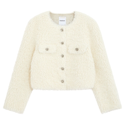 bebe2025秋季新款女士白色圆领单排金属扣短款毛绒感外套302114
