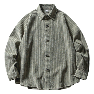 PasedlZHCP 秋日系vintage复古条纹灯芯绒衬衫外套男宽松工装衬衣