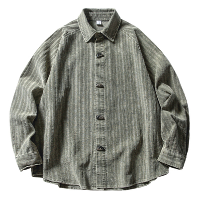 日系vintage复古条纹灯芯绒衬衫