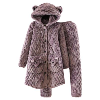 冬季加厚加绒夹棉睡衣女士中长款