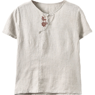 亚麻中式国风t恤复古女夏2026新款宽松棉麻禅修上衣短款短袖小衫