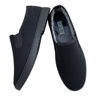 老北京冬季加绒保暖休闲一脚蹬平跟防滑软底舒适工作男黑色棉布鞋