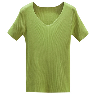 大码胖MM薄款t恤女装冰丝针织衫短袖夏季新款宽松显瘦打底V领上衣