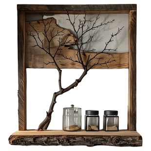 中古风原木装饰画餐厅背景墙挂画名宿侘寂风墙饰高端复古挂画