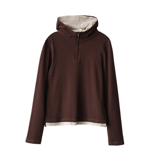 德绒舒适休闲打底卫衣秋冬新款连帽叠穿下摆拼色时尚宽松百搭上衣