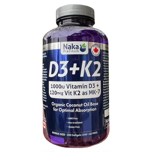 加拿大Naka platinum维生素D3+K2高效钙300粒骨骼和牙齿发育
